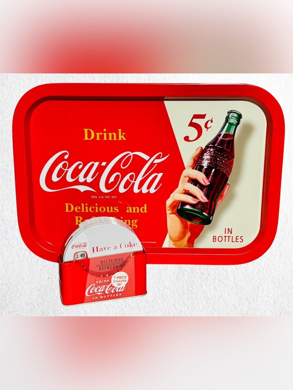Coca Cola Retro Tin Box Company Serving Tray & Matching Coaster Set